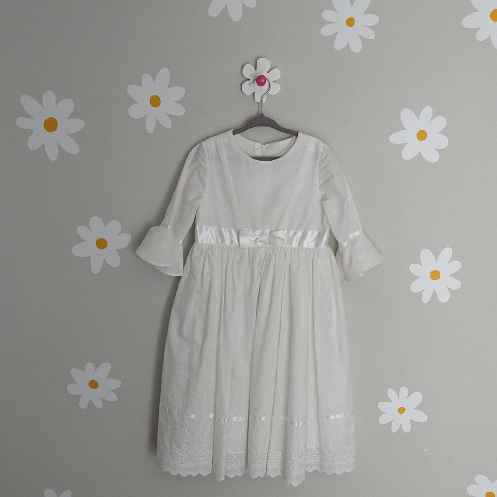 Girl's White Eyelet Flower Elbow Ruffle Sleeve Baptism Confirmation Easter Dress